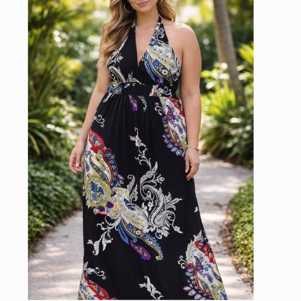 I.N. Studio Vintage Y2K Black Halter Paisley Maxi Dress